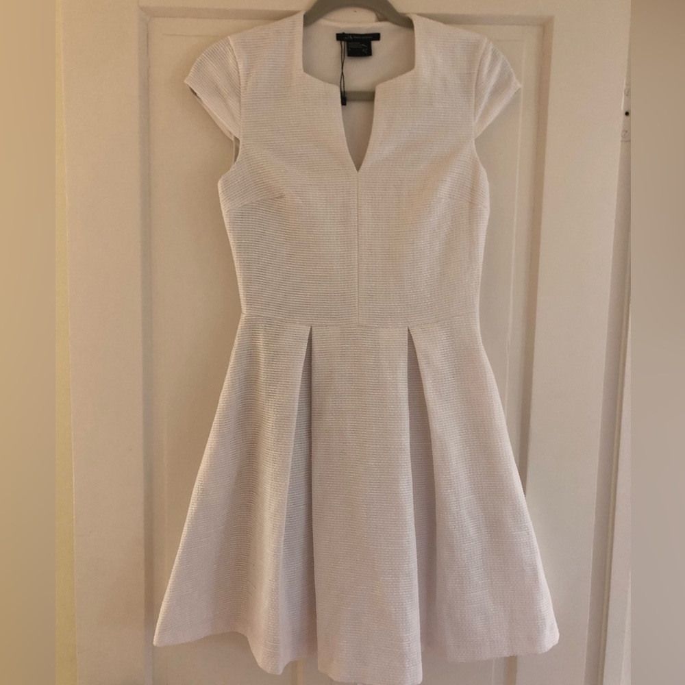 White knee length, side zipper, cap sleeves knee length dress
